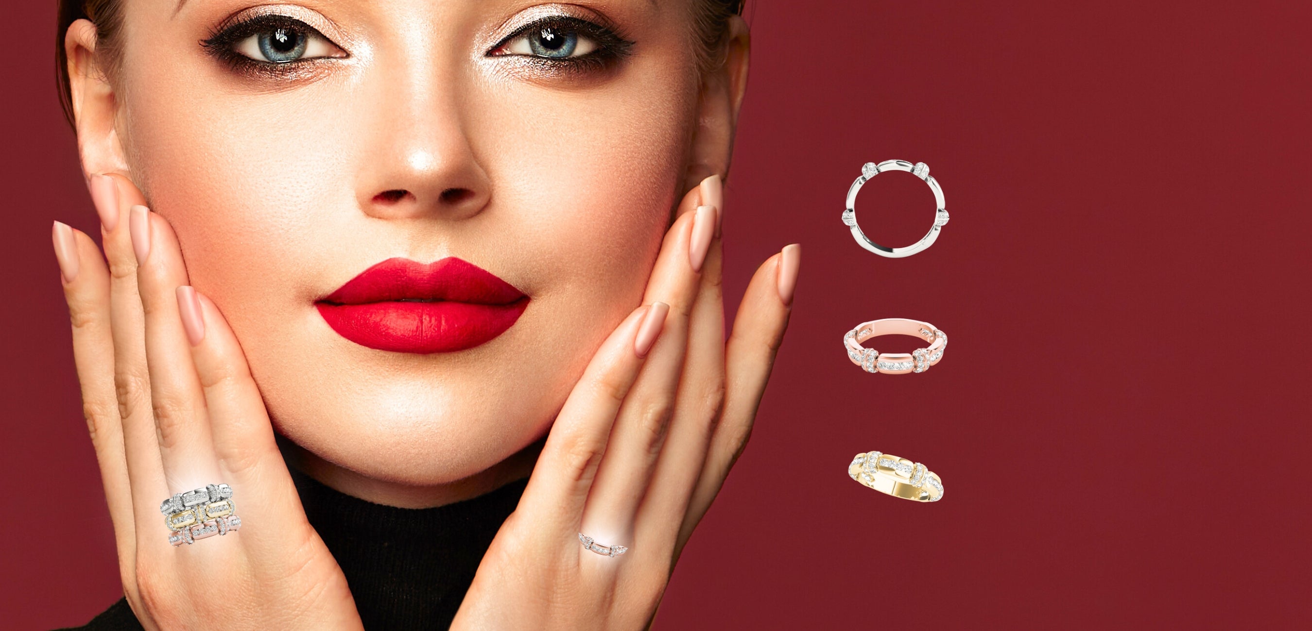 A woman with red lipstick and nail polish poses elegantly, her hands adorned with stunning bridal jewelry near her face. She wears rings on both hands, with additional exquisite ring designs showcased on the right against a striking red background.